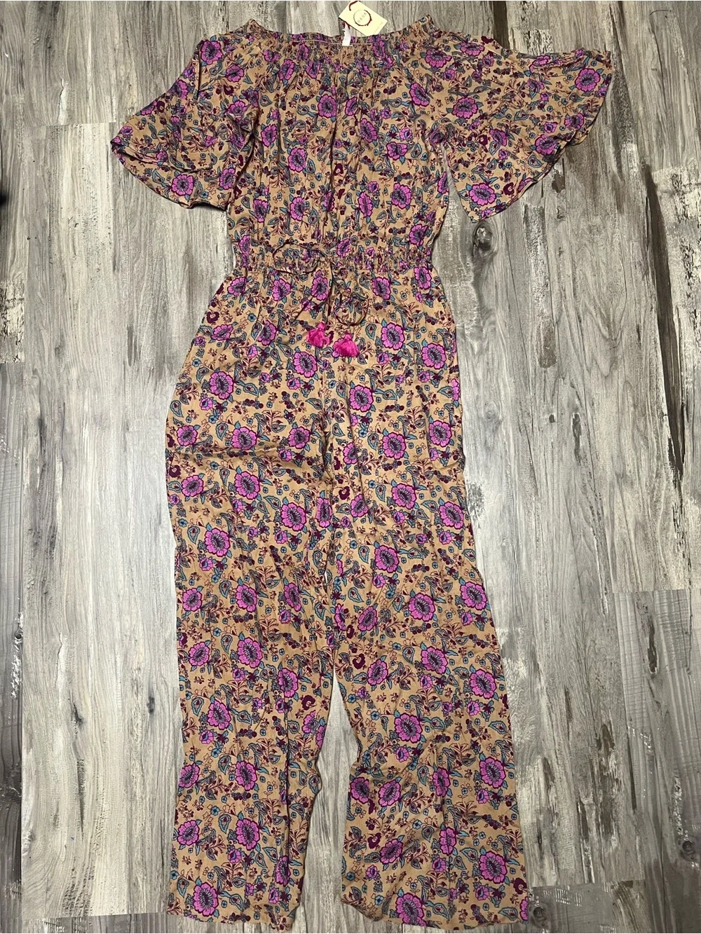 NWT Raga Anthropologie Kassie Floral Off-Shoulder Jumpsuit XS Boho Wide Leg